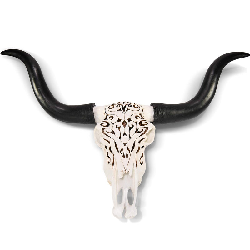 Wallcharmers Carved White + Black Faux Longhorn Skull - 27" Faux Taxidermy Animal Head Wall Decor - Handmade Farmhouse Decor - Image 1